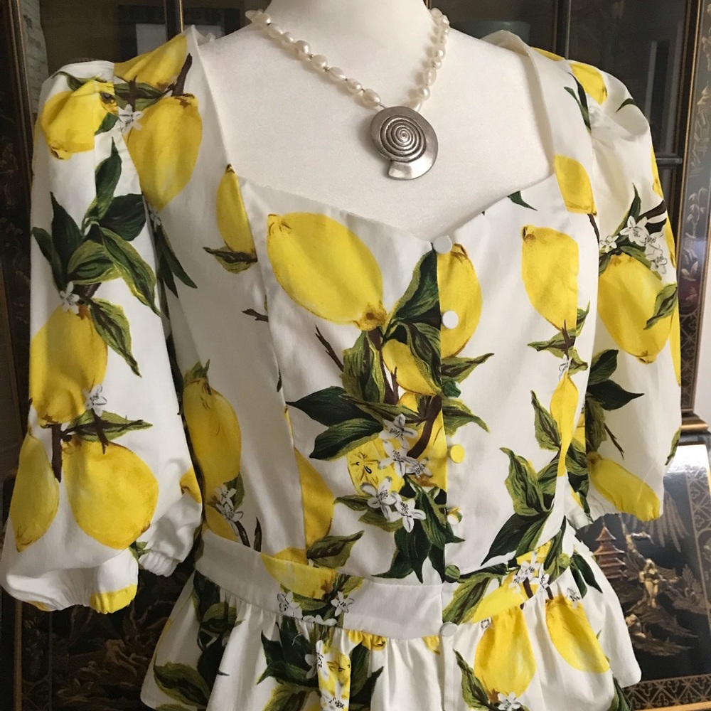 English Factory Sorrento Lemon print peplum blouse.size large.